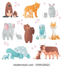 Collection of Animals mom and baby. Cartoons cute animals in flat style. Print for clothes.  illustration. Cute animals family