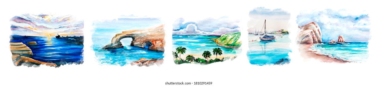 Collection Aquarelle Painting Of Seaside. Cyprus, Illustration Art.