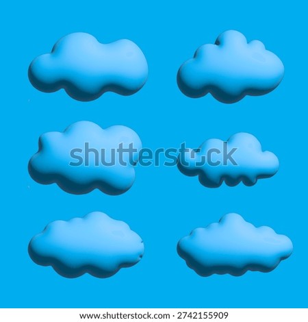 Collection of assorted blue cloud formations displayed against a solid blue background, viewed from directly above