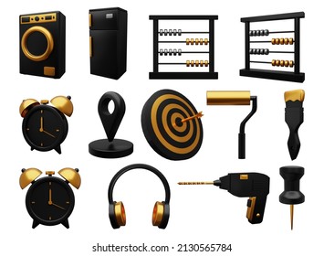 Collection Of Black And Gold 3d Illustrations Of Washing Machin, Refrigerator, Abacus, Pushpin, Clock, Location, Dartboard, Roll Brush, Paint Brush, Headphone, Drill, Pushpin