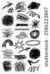 Collection of black scribbles and doodles on a white background. Various abstract shapes, lines, and patterns. Scribbles and doodles in different styles. Doodle illustration element.