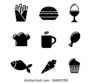 Collection Of Black And White Silhouette Food Icons Including French Fries, Boiled Egg, Toque, Cookie, Coffee, Drumstick, Fish, Carrot And Cupcake