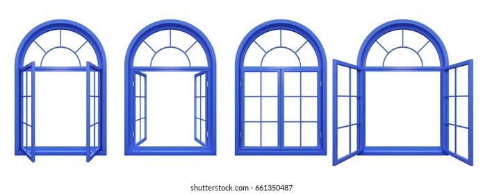 Collection of blue arched windows  isolated on white