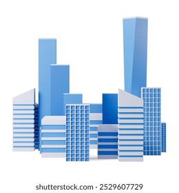 A collection of blue skyscrapers in a modern style, displayed against a white background, representing urban development and architecture. 3D Rendering - Powered by Shutterstock