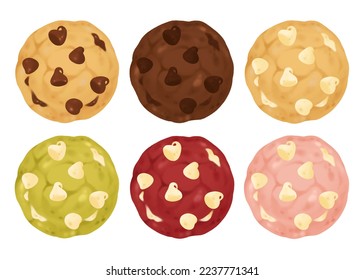 Collection of chocolate chip cookies: sugar, butter, chocolate, green tea, matcha, red velvet, strawberry cookies (brown, dark brown, green, red, pink cookies with brown and white chocolate chip) - Powered by Shutterstock