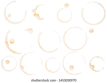 Collection of circle from bottom of cup- real coffee water paint on white paper in many stroke and technique of brush. Illustration aroma beverage brush as coffee art isolated on white background