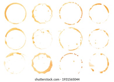 Collection of circle from the bottom cup- real coffee water paint on white paper in many strokes and technique of a brush. Illustration aroma beverage brush as coffee art isolated on white background.