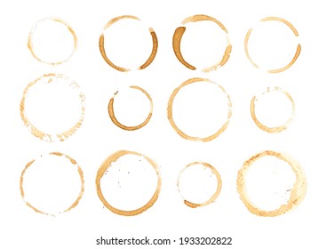 Collection of circle from the bottom cup- real coffee water paint on white paper in many strokes and technique of a brush. Illustration aroma beverage brush as coffee art isolated on white background.