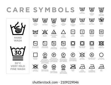 Collection Of Clothing Care Symbols. International Fabric Labeling. 43 Outline Icons On The Label: Washing, Bleaching, Drying, Ironing. Isolated Raster Illustration On White Background.