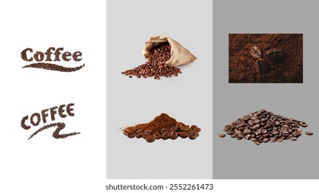 A collection of coffee-themed visuals featuring coffee beans, ground coffee, and artistic text designs made from coffee beans. - Powered by Shutterstock