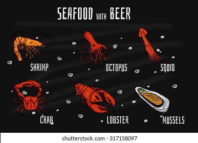 Collection of colorful mouthwatering seafood snacks for beer.  illustration on blackboard with chalk.  - Powered by Shutterstock