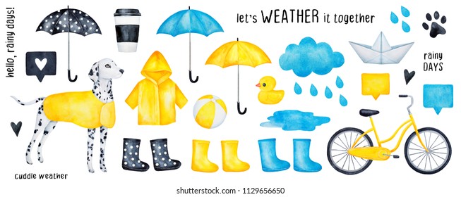 Collection of colorful rainy season symbol illustration. Rubber toys, waterproof clothes, sky, drops, bike, coffee cup. Hand drawn water color graphic on white background, isolated clip art elements. - Powered by Shutterstock