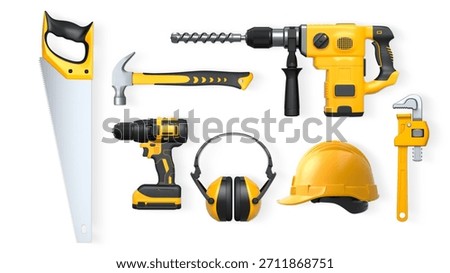 Collection of construction tools, helmets, and safety gear isolated on white background with clipping path, symbolizing work safety and building industry