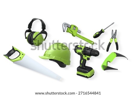 Collection of construction tools, helmets, and safety gear isolated on white background with clipping path, symbolizing work safety and building industry