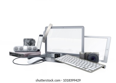 Collection Of Consumer Electronics 3D Render On White Background No Shadow