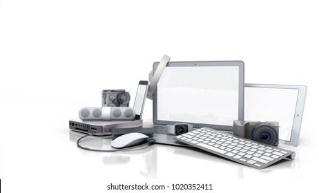 Collection Of Consumer Electronics 3D Render On White Background