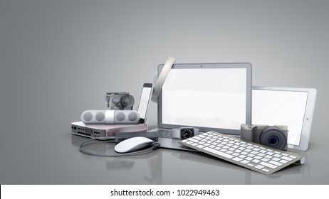 Collection Of Consumer Electronics 3D Render On Grey Background