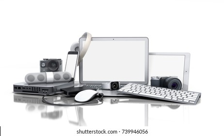 Collection Of Consumer Electronics 3D Render On White Background