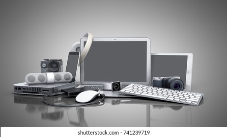 Collection Of Consumer Electronics 3D Render On Grey Background