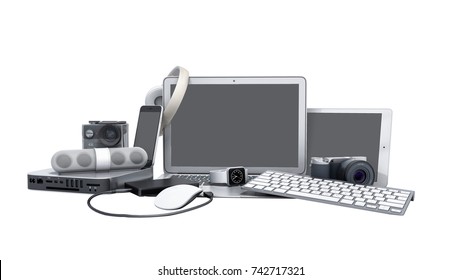 Collection Of Consumer Electronics 3D Render On White No Shadow