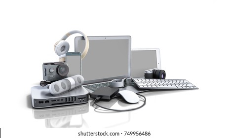 Collection Of Consumer Electronics 3D Render On White Background