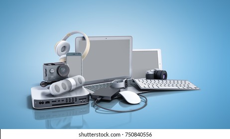 Collection Of Consumer Electronics 3D Render On Blue Background