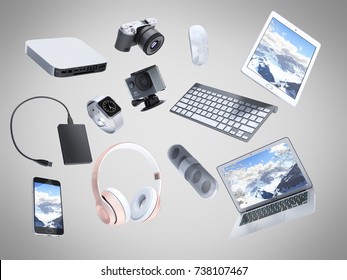 collection consumer electronics flying in the air 3D render grey background