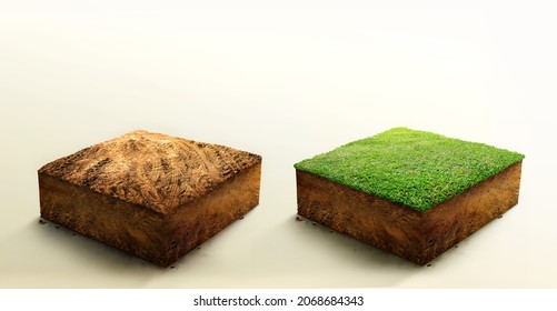 Collection, cubical soil ground cross section with earth land and green grass, Soil layers. realistic 3D rendering ground ecology, cutaway terrain floor with rock isolated on light background.