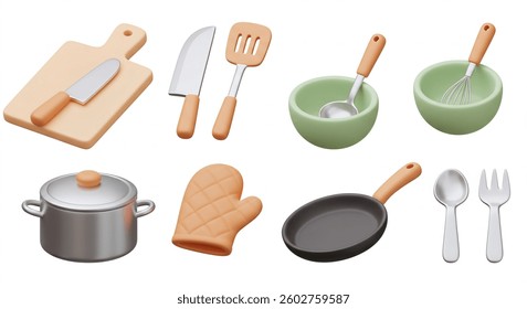 A collection of cute 3Drendered kitchen tools, including a knife, cutting board, spatula, bowls, whisk, ladle, pot, oven mitt, frying pan, spoon, and fork. Perfect for cooking visuals.