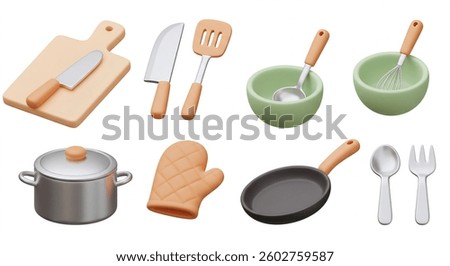 A collection of cute 3Drendered kitchen tools, including a knife, cutting board, spatula, bowls, whisk, ladle, pot, oven mitt, frying pan, spoon, and fork. Perfect for cooking visuals.