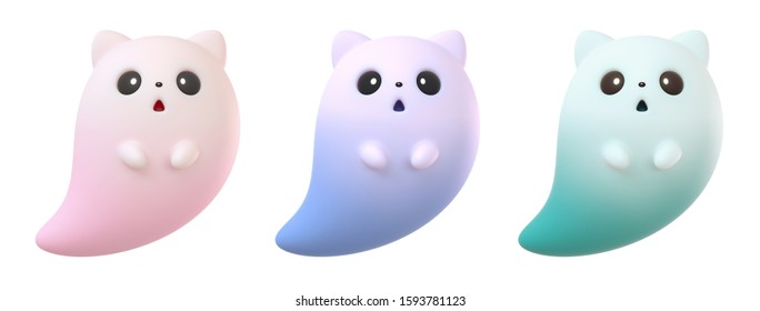 Collection of cute cartoon ghost cat floating in the air. Concept art flying kawaii ghost character with open mouth, cat ears, big black eyes. Game icon. 3d illustration isolated on white background - Powered by Shutterstock