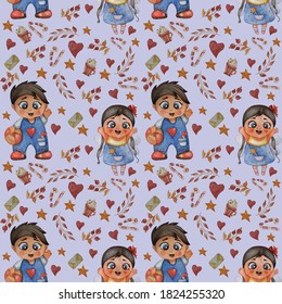 Collection Of Cute Children. Seamless Patterns. Little Fairy With A Milk Tooth And A Magic Wand And A Football Boy With A Ball On Background With Decorative Leaves And Sweets. Watercolor. Hand Drawing