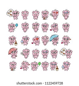 Collection of cutest pig character icon set with different emotions. Raster illustration for new 2019 year. Set of small piggy - Shutterstock ID 1122459728