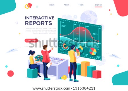 Collection, database graphs. Desktop chart analyzing, statistics visualization concept. Interacting people. 3d isometric illustration.