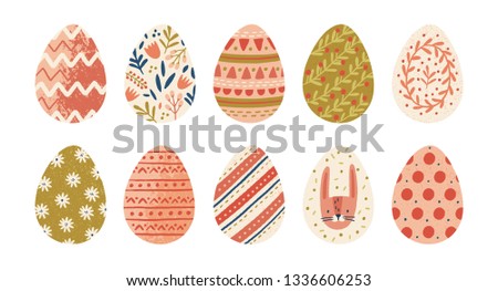Collection of decorated Easter eggs isolated on white background. Bundle of symbols of religious holiday covered with different ornaments - flowers, stripes, dots. Seasonal flat illustration