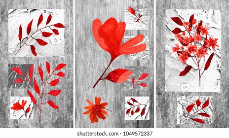 A Collection Of Designer Oil Paintings. Decoration For The Interior. Contemporary Abstract Art On Canvas. Painting With Different Textures And Flowers. Gray With Red.