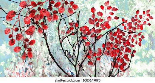 Collection of designer oil paintings. Decoration for the interior. Modern abstract art on canvas.  Tree with red leaves on blue background.