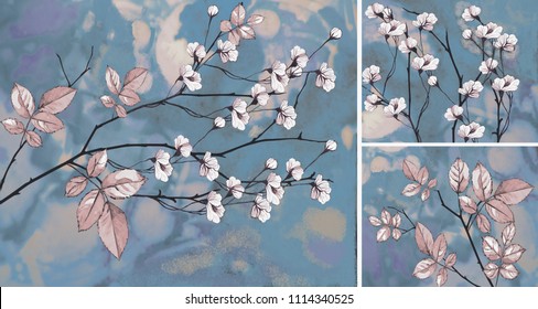 Collection of designer oil paintings. Decoration for the interior. Modern abstract art on canvas.  White flowers on blue background.