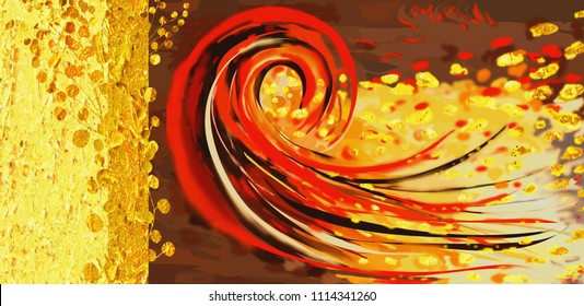 Collection of designer oil paintings. Decoration for the interior. Modern abstract art on canvas. Red and gold.