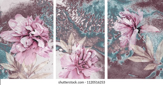 Collection of designer oil paintings. Decoration for the interior. Modern abstract art on canvas. A set of paintings with pink peonies on an abstract blue background