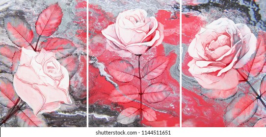 Collection of designer oil paintings. Decoration for the interior. Modern abstract art on canvas. Set of pictures with different textures and colors. Pink rose.