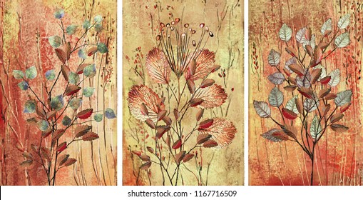 Collection of designer oil paintings. Decoration for the interior. Modern abstract art on canvas. Set of patterns with different textures and colors. Colorful leaves.