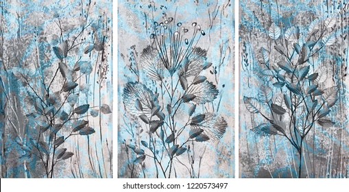 Collection of designer oil paintings. Decoration for the interior. Modern abstract art on canvas. Set of pictures with different textures and colors. Gray-blue.