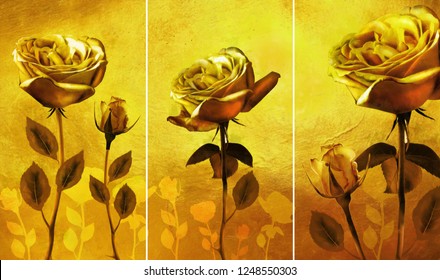 Collection of designer oil paintings. Decoration for the interior. Modern abstract art on canvas. Set of pictures with different textures and colors. gold rose flowers on gold background