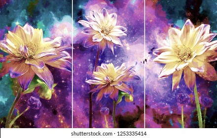 Collection of designer oil paintings. Decoration for the interior. Modern abstract art on canvas. Set of pictures with different textures and colors. white flowers on Purple galaxy background