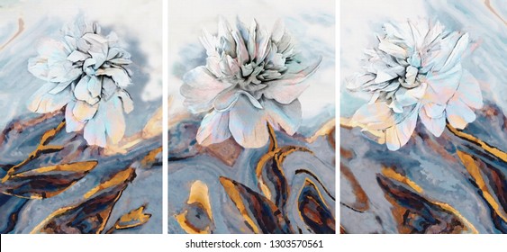 Collection of designer oil paintings. Decoration for the interior. Modern abstract art on canvas. Set of pictures with different textures . White peonies.