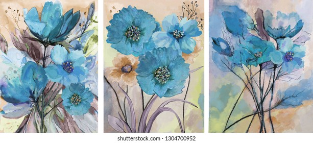 Collection of designer oil paintings. Decoration for the interior. Modern abstract art on canvas. Set of paintings with blue watercolor flowers.