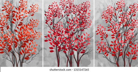 Collection of designer oil paintings. Decoration for the interior. Modern abstract art on canvas. Set of pictures with gray background. Trees with red leaves.