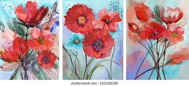 Collection of designer oil paintings. Decoration for the interior. Modern abstract art on canvas. Set of paintings with watercolor red flowers.
