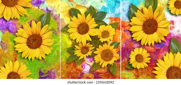 Collection of designer oil paintings. Decoration for the interior. Modern abstract art on canvas. Set of pictures with different textures and colors. yellow flowers on colorful background